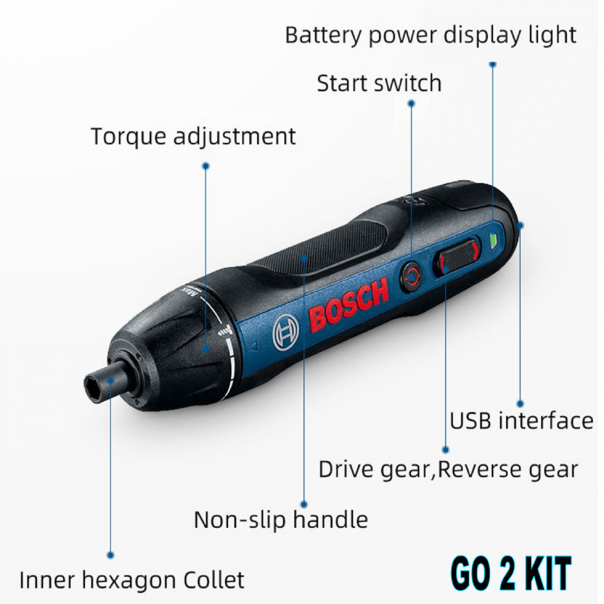 BOSCH GO 2 Smart Cordless Screwdriver Kit. micro-USB cable & 33pcs Screw Bits set.