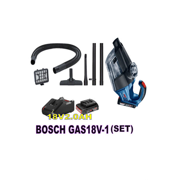 BOSCH Cordless Vacuum Cleaner GAS 18V-1. comes with floor nozzle, crevice nozzle, suction tubes, flexible extension tube. 0.7ltr container volume.