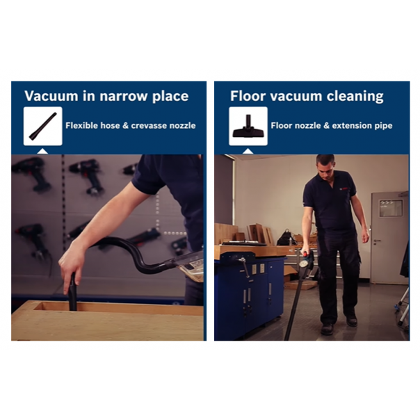 BOSCH Cordless Vacuum Cleaner GAS 18V-1. comes with floor nozzle, crevice nozzle, suction tubes, flexible extension tube. 0.7ltr container volume.