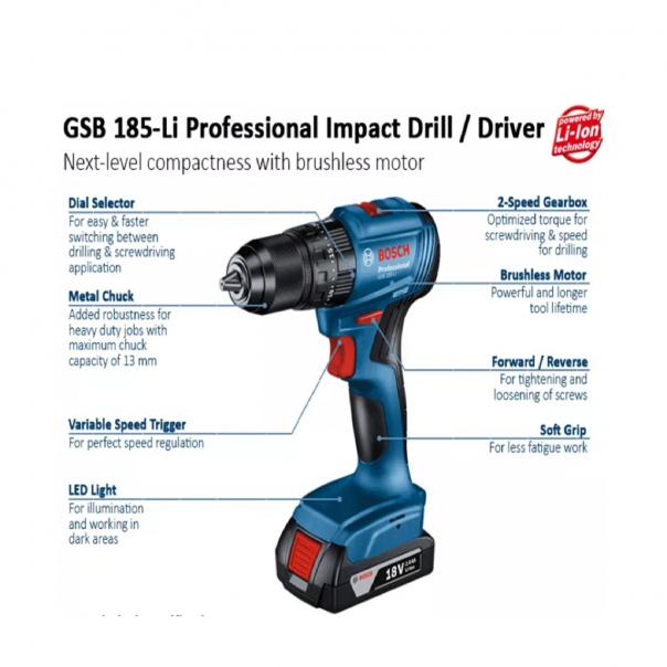 BOSCH GSB 185-LI. Cordless Combi Drill. Brushless Motor. 18V.