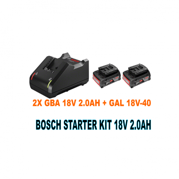 BOSCH Starter Kit 18V 2.0Ah 2pcs Battery and 1pc AL1860CV Multi-Volt Quick Charger.