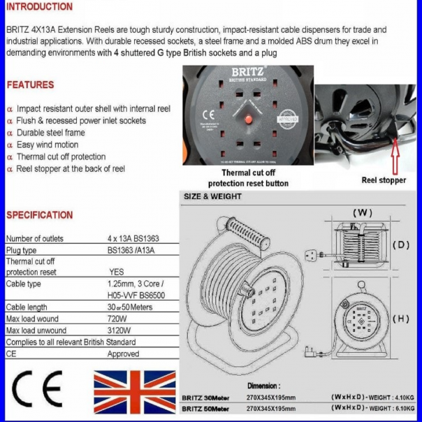 Cable Reel. 30mtr. 4 gang 13amp. With thermal cut off protection. Extension cable.