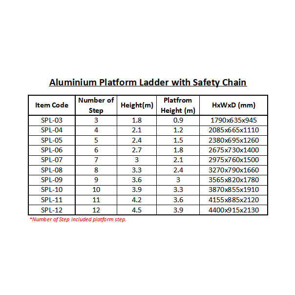 Aluminium Platform Ladder with Safety Chain. 10 step (9step + 1platform). 150kg Load.