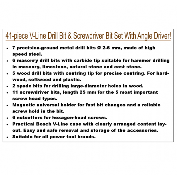 BOSCH 41pcs V-Line drill bit and screwdriver bit set with angle driver. DIY set.